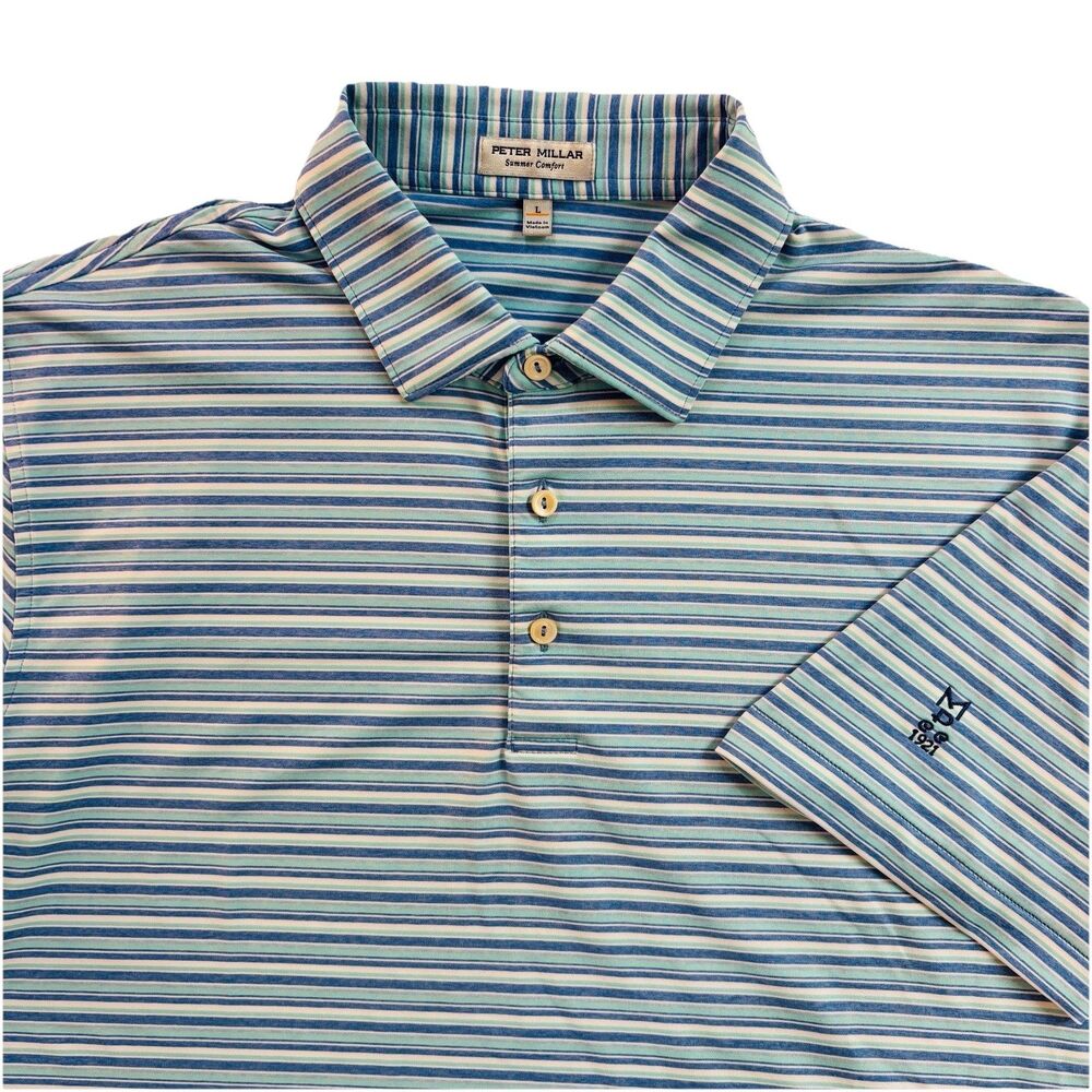 Peter Millar Summer Comfort Men's L Blue Striped Polo Shirt Myers Park CC Logo